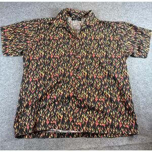 VINTAGE Johnny Suede Flame Shirt Mens XL Black All Over Print Button Up Y2K USA